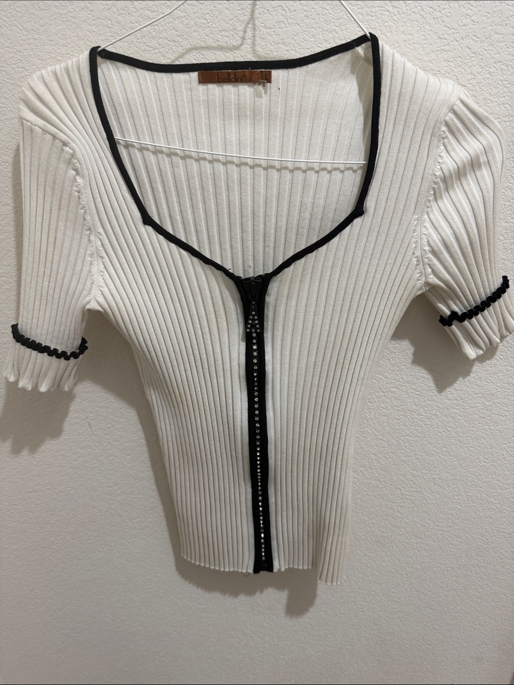 Belldini White Ribbed Short Sleeve Zip Top rhinestone with Black Trim